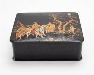 0434 Chinoiserie Black Lacquer Box, Red Interior