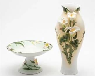 388 Applied Floral Porcelain Vase  Footed Compote
