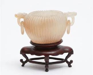 0423 Chinese Carved Agate Censer with Loose Ring Handles