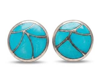 79 Zuni Turquoise Channel Inlay Silver Clip Earrings