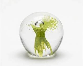 392 Art Glass Paperweight with Green Floral Spray