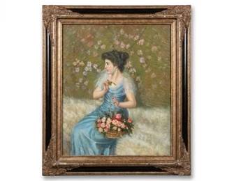 0701 Belle Epoque Style Oil Portrait of Woman with Flower Basket