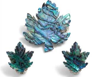 80 Carved Paua Shell Maple Leaf Brooch  Earring Set