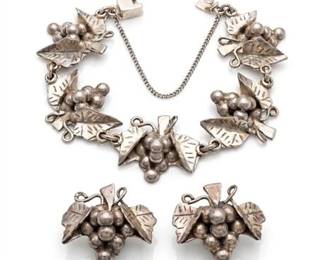 74 Taxco Sterling Silver Grape Bracelet  Earrings Set