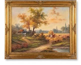 0720 Justin S. Oil on Canvas Rural Harvest Landscape