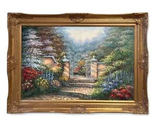 0705 C. Inness Garden Gate Landscape Oil Painting, Gilt Frame