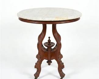 0337 Victorian Walnut MarbleTop Oval Parlor Table