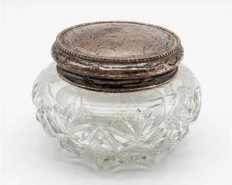 0481 Cut Glass Vanity Jar with Silver Lid Engraved Dorita
