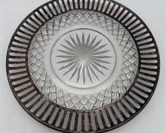 0244 Cut Glass Wine Bottle Coaster Pierced Silverplate Rim