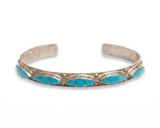 95 Zuni Turquoise Channel Inlay Sterling Silver Cuff