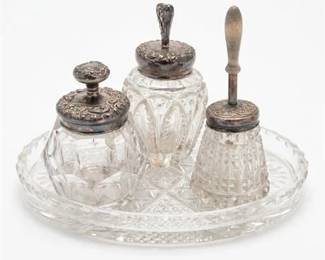 0408 Cut Glass Vanity Set with Repousse Silver Lids  Tray