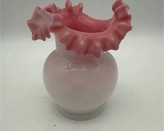 0451 Victorian Pink Cased Art Glass Ruffled Vase