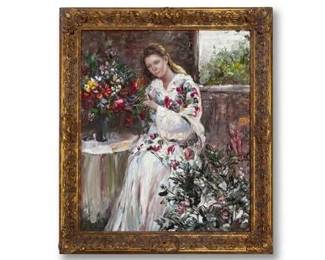 0727 Impasto Portrait of Woman with Flowers, Oil on Canvas