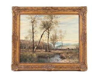 0719 BarbizonStyle Landscape Oil on Canvas, Gilt Frame