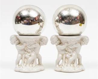 364 Porcelain Cherub Stands  Mercury Glass Gazing Balls