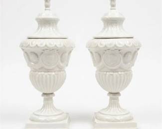 356 Pair Italian Neoclassical White Ceramic Lidded Urns