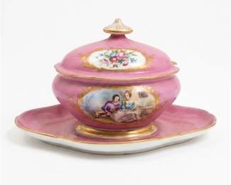 0501 Sevres Style Pink Porcelain Sauce Tureen on Stand