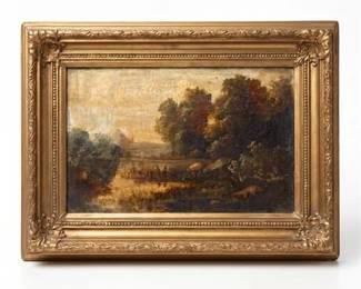 286 Antique Oil on Canvas Rural Landscape, Gilt Frame
