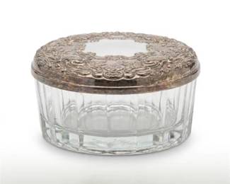 0477 Pressed Glass Vanity Powder Jar Silverplate Mirror Lid