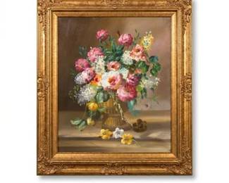 0704 Mexican Floral Still Life Oil Painting in Gilt Frame