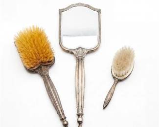 262 Neoclassical Silverplate Vanity Set, Mirror  Brushes