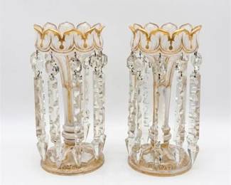 0483 Pair Bohemian White CuttoClear Gilt Glass Lustres