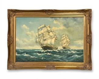 0737 Pierre Jean Oil on Canvas Tall Ships Marine Painting