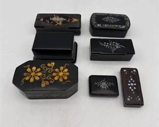 0498 8 Antique PapierMache  Tortoiseshell Snuff Boxes with MotherofPearl Inlay