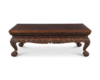0652 Chinese Export Carved Hardwood Low Coffee Table, Foliate Apron  Claw Feet