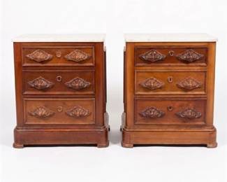0332 Pair Victorian Walnut MarbleTop Commode Nightstands