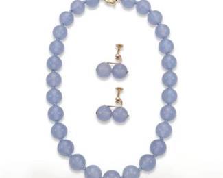71 Blue Chalcedony Bead Necklace  Clip Earring Set
