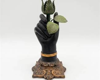 0492 Bronzed Hand Holding Tole Flower Figurine, Gilt Base