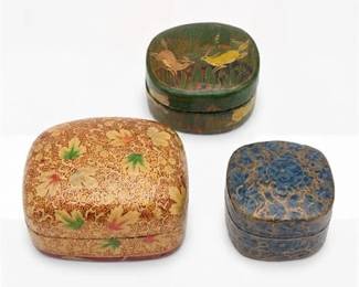 0496 3 Kashmir India Lacquered PapierMache Trinket Boxes