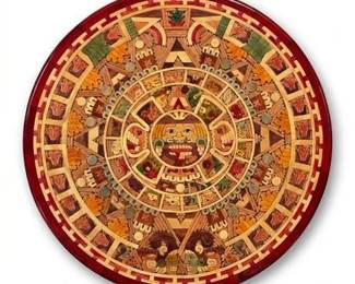 0703 Mexican Aztec Calendar Inlaid Wood Marquetry Table Top