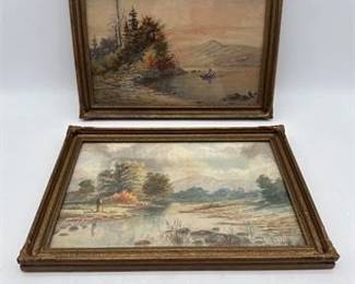 0458 Antique 1898 Monogrammed Watercolor Landscapes, Pair