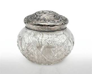 0475 Brilliant Cut Glass Vanity Jar, Silver Repousse Lid