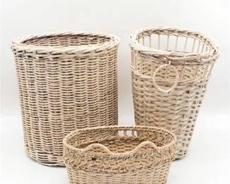 0223 Vintage White Painted Wicker Baskets, Set of Three