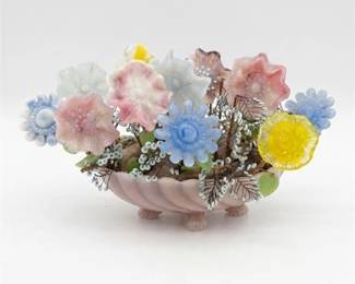 0470 Vintage Molded Glass Flower Bouquet in Opaline Footed Bowl
