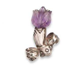 105 930 Silver Carved Amethyst Flower  Bow Brooch