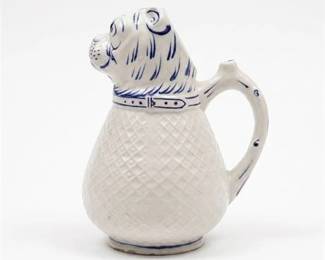 0312 Italian Ceramic Blue  White Bulldog Figural Pitcher