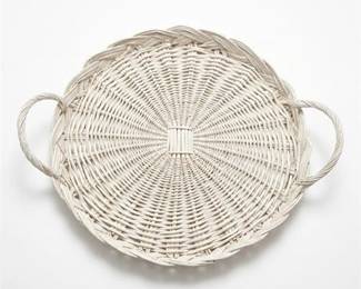 359 White Wicker Round Handled Serving Tray Basket