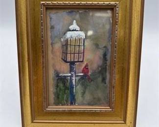 0234 Original Watercolor Cardinal on Snowy Lamppost, Framed