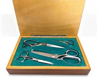 0224 Clauss  Mixed Vintage Scissors Set, Marquetry Box