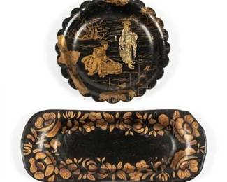 0436 2 English PapierMache Gilt Trays, Chinoiserie  Floral