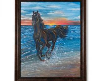 0724 Alayna Putscher Galloping Horse on Beach Painting, Framed