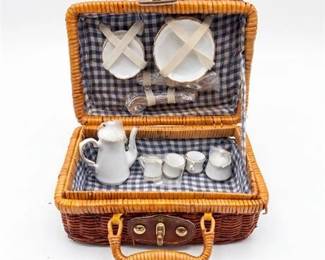 0209 Miniature Porcelain Tea Set in Wicker Picnic Basket