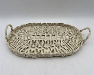 0520 White Woven Wicker Oval Serving Tray with Handles