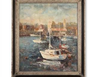0715 R. Calimiro Oil on Canvas Harbor Scene Painting