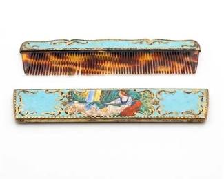 268 Italian 800 Silver Enamel Comb Case with Pastoral Scene