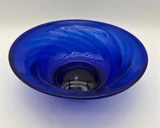 0313 Hand Blown Cobalt Blue Optic Swirl Art Glass Bowl with Flared Rim